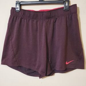 Nike Women's Burgundy Athletic Shorts with Pink Swoosh